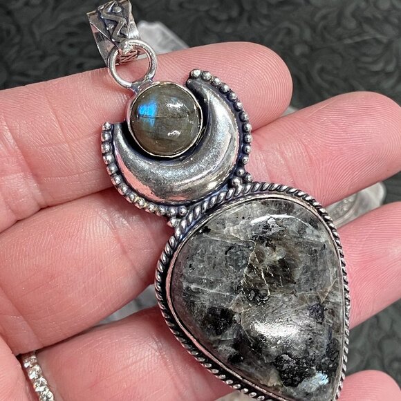 Larvikite Labradorite and Crescent Moon Witchy Fairycore Pendant - Picture 1 of 6